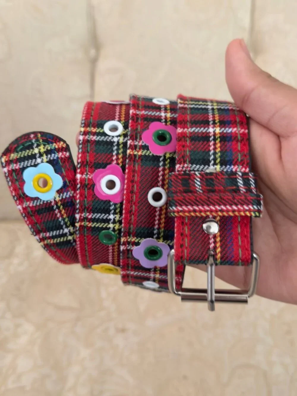 Red Tartan Plaid Wide Belt With Colorful Grommets